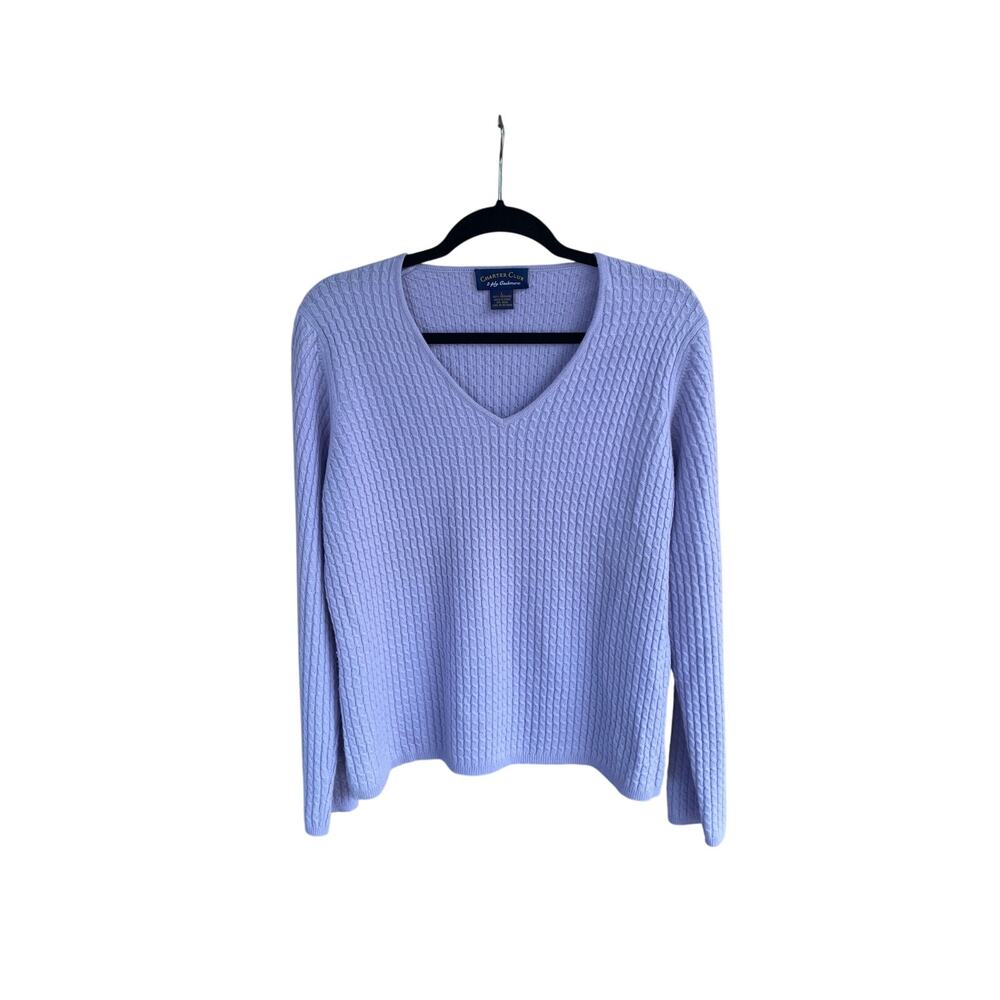 Charter Club 2-Ply Cashmere Sweater Women L Lavender Cable Knit V-Neck Pullover